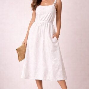 VOY White Embroidered Cotton Midi Dress Small Paisley Floral Pockets Lined